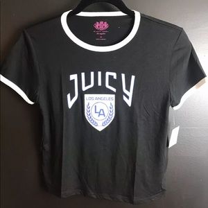 New JUICY COUTURE LA Crest Logo Tee T-shirt Black White Trim California JC Girls